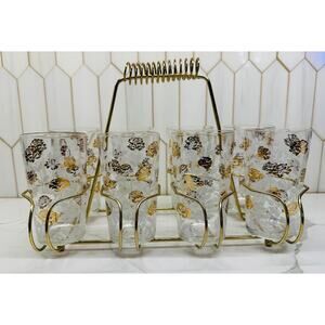 MCM Libbey Gold and‎ White Tall Glasses plus Brass Caddy with Spiral Handle